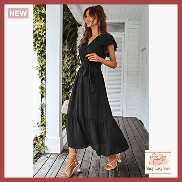 Floral Boho Maxi Dress Wrap V Neck Ruffle Long Flowy Summer Wedding Guest - Picture 4 of 7